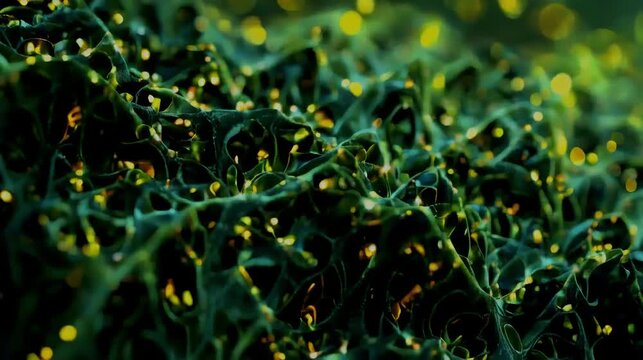 A close-up of intricate green patterns resembling leaves with glowing elements.