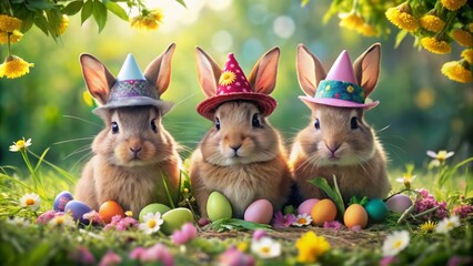 Three adorable little rabbits wearing colorful hats and holding Easter eggs, surrounded by spring flowers and lush greenery, evoke a sense of joy and wonder.