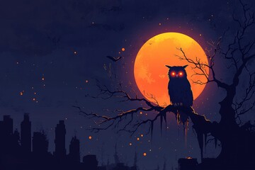 Fototapeta premium Silhouetted Owl Under a Full Moon with Red Eyes