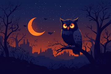 Fototapeta premium Wise Owl Under a Crescent Moon
