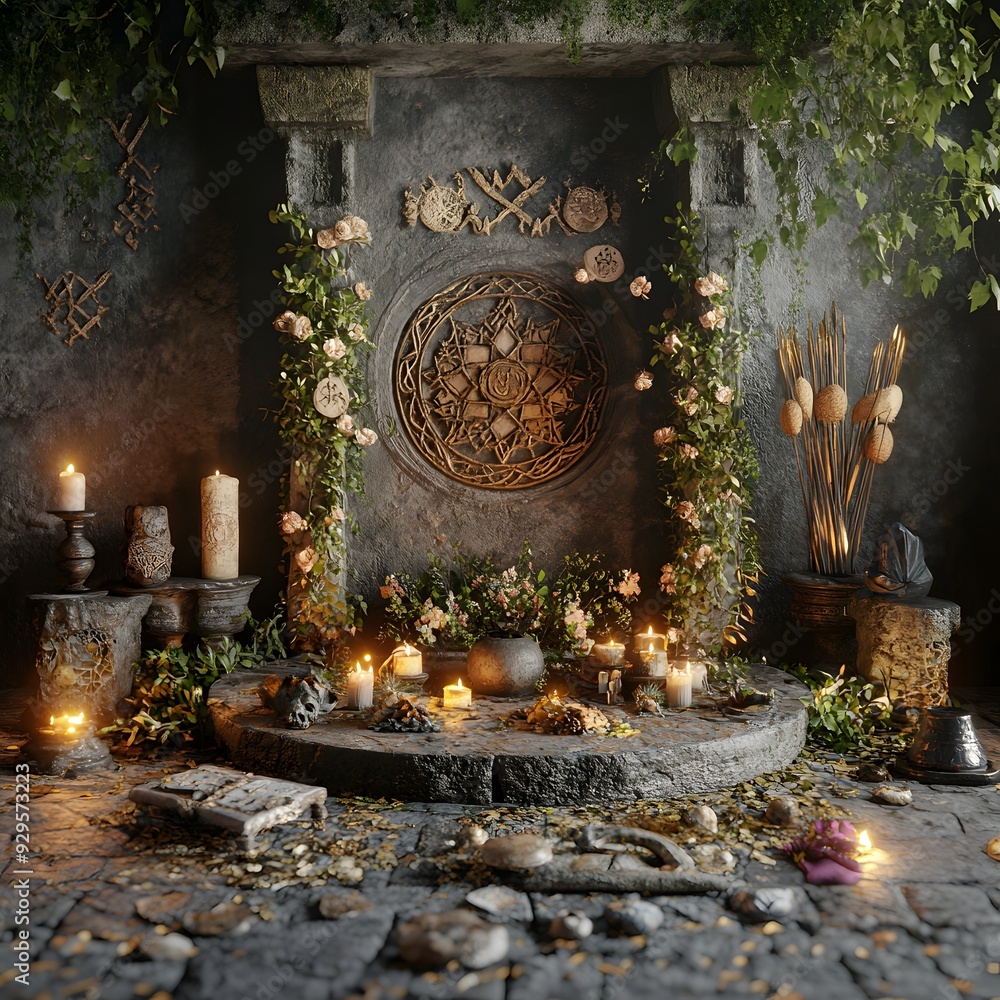 Poster 15. a 3d rendering of a pagan altar with natural elements and ritual objects