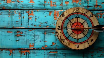 Fototapeta premium Wooden blocks with a target and arrow on a light blue background, symbolizing goal achievement and strategic planning in business. Flat lay. High quality, no realistic photo details. 