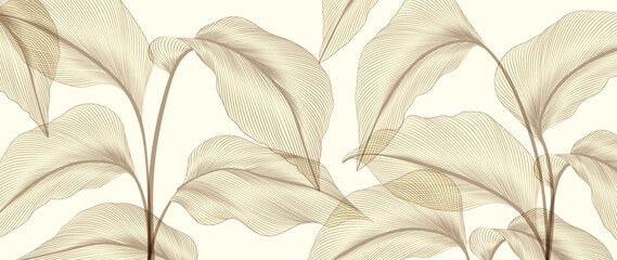 Abstract tropical art background with exotic leaves in line style. Hand drawn botanical banner for decor, print, wallpaper, textile, postcard, invitation, greeting.