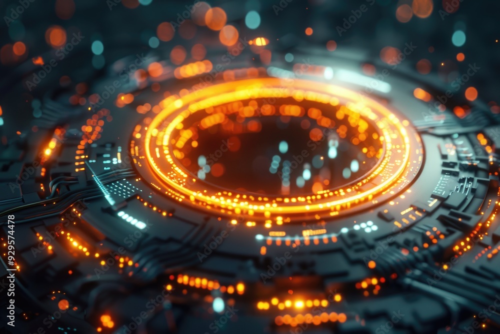 Poster a computer circuit board with a glowing blue circle on it, possibly indicating an error or warning