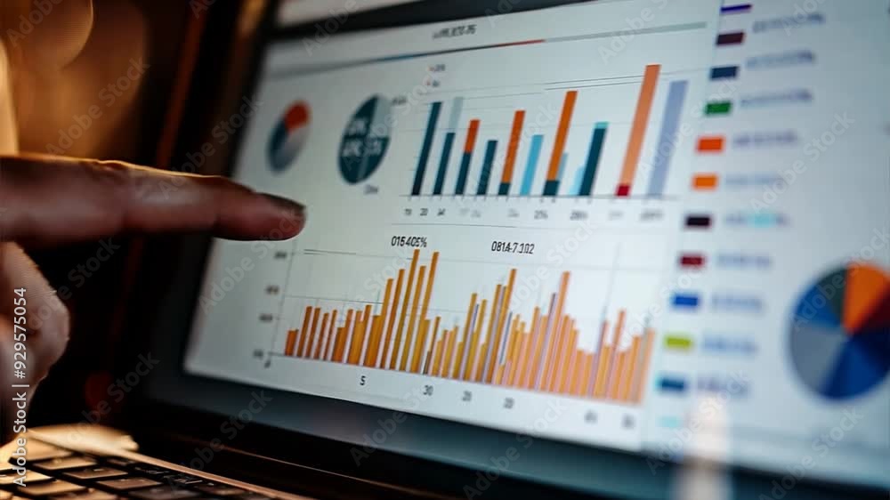Poster close-up of a hand pointing at a digital bar chart on a laptop screen, depicting data analysis and b