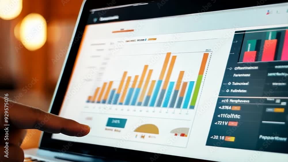 Poster close-up of a hand pointing at a digital bar chart on a laptop screen, depicting data analysis and b