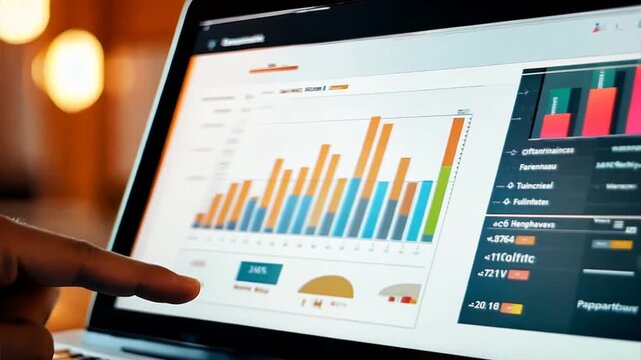 Close-up of a hand pointing at a digital bar chart on a laptop screen, depicting data analysis and business metrics.