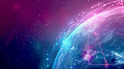 Obraz premium A Global Network of Interconnected Lines and Dots on a Blue and Pink Earth