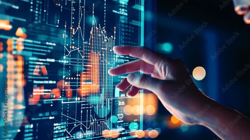Poster close-up of a hand pointing at a digital bar chart on a laptop screen, depicting data analysis and b