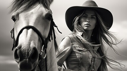 Cowboy girl with defined figure in monochrome, riding a horse, full face view
