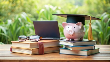 A stack of books and a piggy bank surrounded by graduation caps, certificates, and a laptop, representing the value of education and earning credits.
