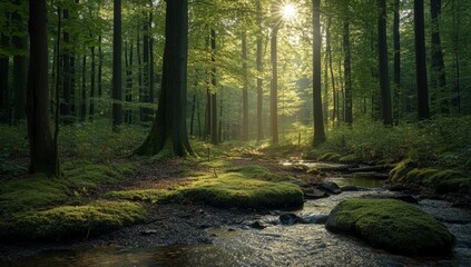 Fototapeta premium Serene forest with tall trees Moss-covered rocks 