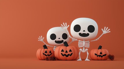 Cheerful skeletons celebrate Halloween with pumpkins. Perfect for festive designs and seasonal decorations.