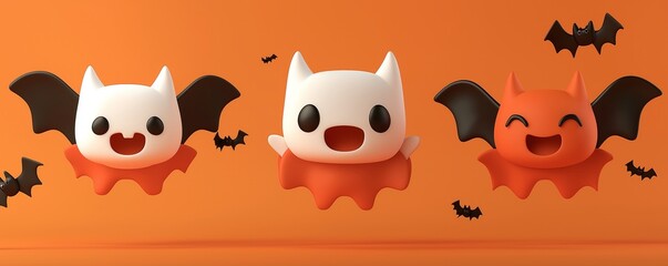 Fototapeta premium Cute cartoon bats with playful expressions on an orange background, perfect for Halloween-themed designs and decorations.