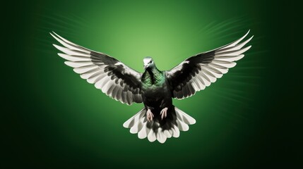 Obraz premium Detailed black-and-white capture of a dove flying, with a vivid green background
