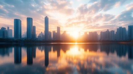 Fototapeta premium Capture the contrast between a cutting-edge urban skyline and a serene lake