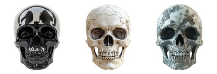 Set of three skulls in different styles isolated on transparent background