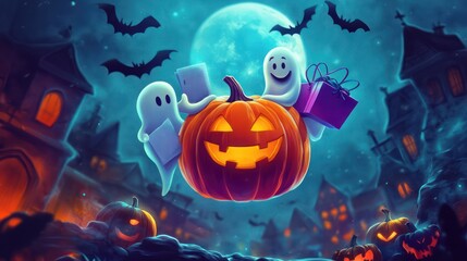 A Halloween themed image with a pumpkin and two ghosts holding it