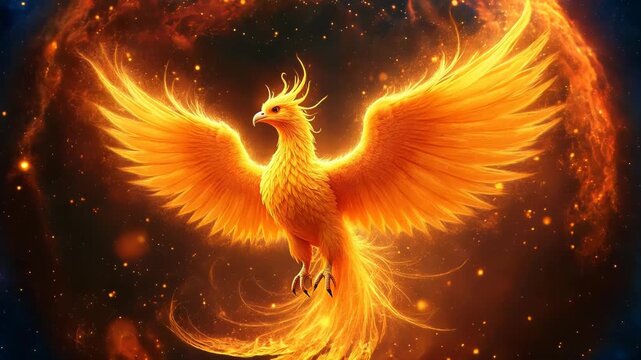 Majestic phoenix emerges from swirling flames. Glowing golden feathers spread wide, embodying rebirth and eternal power. Dark background heightens dramatic luminescence.	