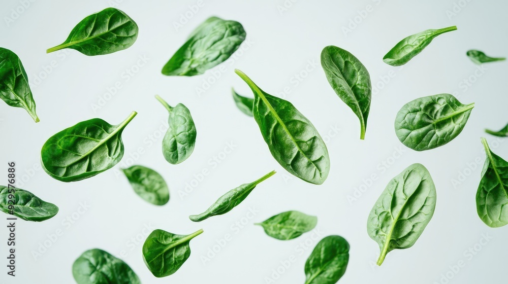 Sticker A collection of spinach leaves floating and overlapping in the air, set against a white background, capturing the freshness and vitality of the greens.