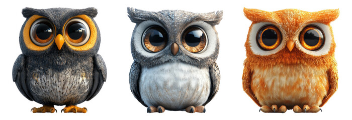 Fototapeta premium Set of three owls with different expressions isolated on transparent background