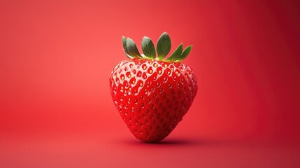 A minimalist composition featuring a perfectly ripe strawberry on a red background, highlighting the fruit's vivid color and fresh appeal.