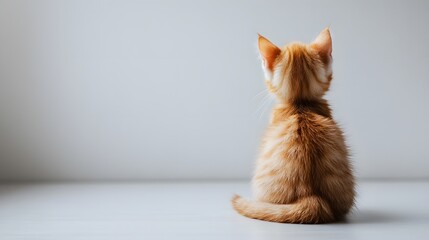 Adorable kitten sitting with its back turned on a blank background