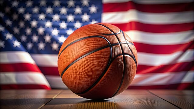 A dynamic stock photo featuring a basketball ball with motion blur in front of an American flag background