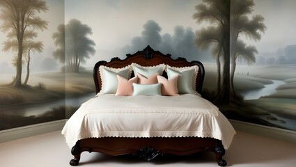 Large bed by landscape wallpaper generative ai