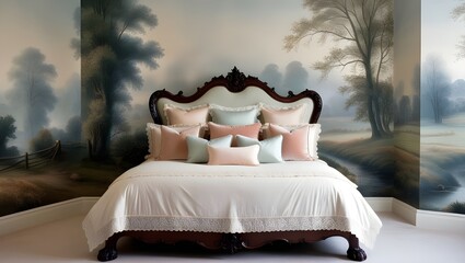 Large bed by landscape wallpaper generative ai