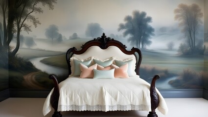 Large bed by landscape wallpaper generative ai
