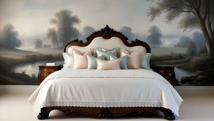 Large bed by landscape wallpaper generative ai