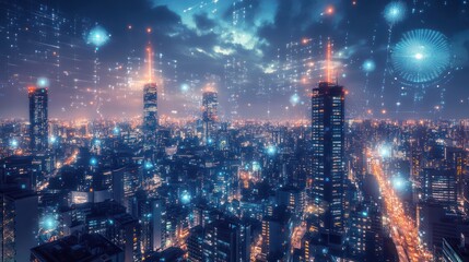 Fototapeta premium See the bustling city at night, illuminated by smart street lights and holographic displays.