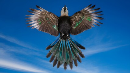 Obraz premium Lyrebird Flying Under Blue Sky, Wallpaper, Cover and Screen for Smartphone, Cell Phone, Computer, Laptop