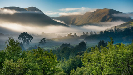 A lush green forest with a foggy mist surrounding the mountains in the background. The foggy atmosphere gives the scene a serene and peaceful mood, as if the forest is enveloped in a soft