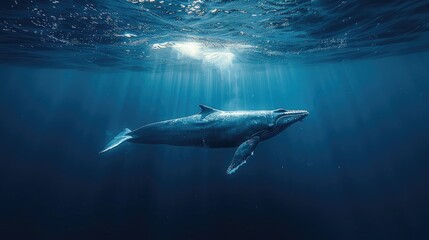 Fototapeta premium Humpback Whale Swimming Gracefully in the Deep Blue Ocean