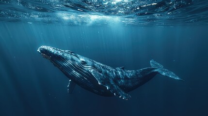 Fototapeta premium Humpback Whale Swimming Underwater with Sunlight Rays