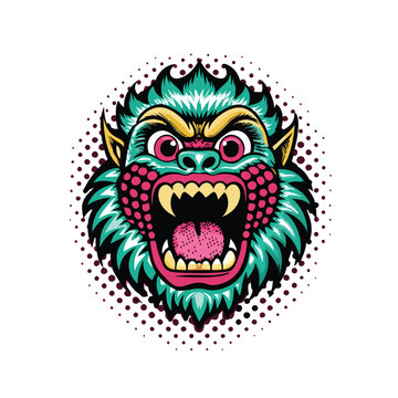 recommend clip art: Colorful comic book style monster with bold outlines and a halftone background.