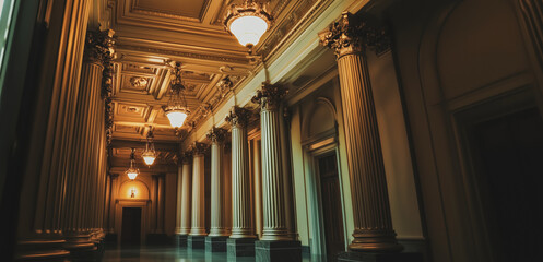 Elegant corridor with ornate columns and vintage lighting in a historic building during twilight