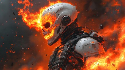 Sleek and Dynamic Anime-Inspired Futuristic Soldier with Flaming Skull Motif