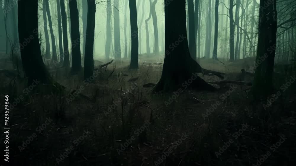 Poster dense fog is engulfing the dark silhouettes of trees in a mysterious forest, perfect for setting a s