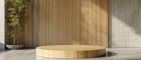 Wooden Platform Against Concrete And Bamboo Wall.