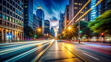Fototapeta premium Blurred motion view of a city street at night, capturing the evening panorama