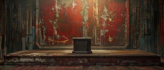 Rustic Wooden Platform with Red Wall Background.