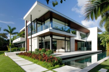 Fototapeta premium Modern House with Infinity Pool and Palm Trees.