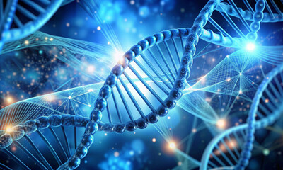 A DNA molecule containing biological information. Blue dark background