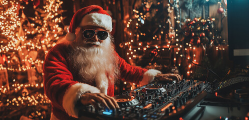 Santa DJ mixes holiday tunes at a festive party surrounded by Christmas lights