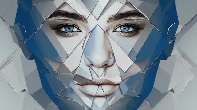 Mesmerizing image of a woman's face reflected in shattered mirror pieces, evoking feelings of identity, beauty, and surrealism. The interplay of light and shadow adds depth to the portrait