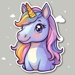 Cute Cartoon Unicorn with Rainbow Mane and Horn
