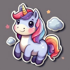 Fototapeta premium Cute Cartoon Unicorn with Rainbow Mane and Tail